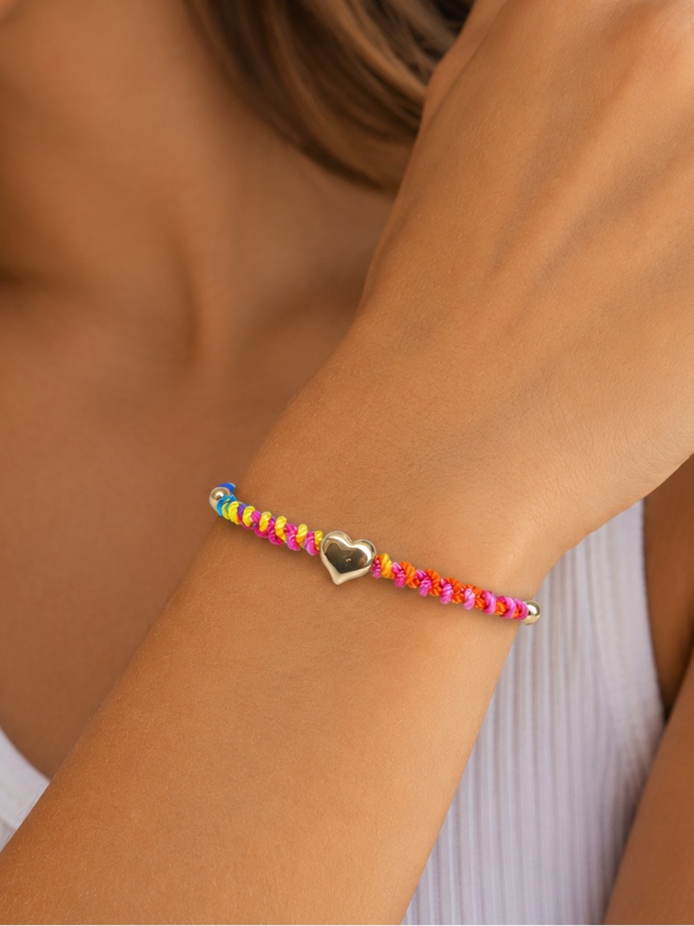 Handmade Rainbow Multicolor Macrame Stainless Steel Puffed Heart Bracelet Tropic